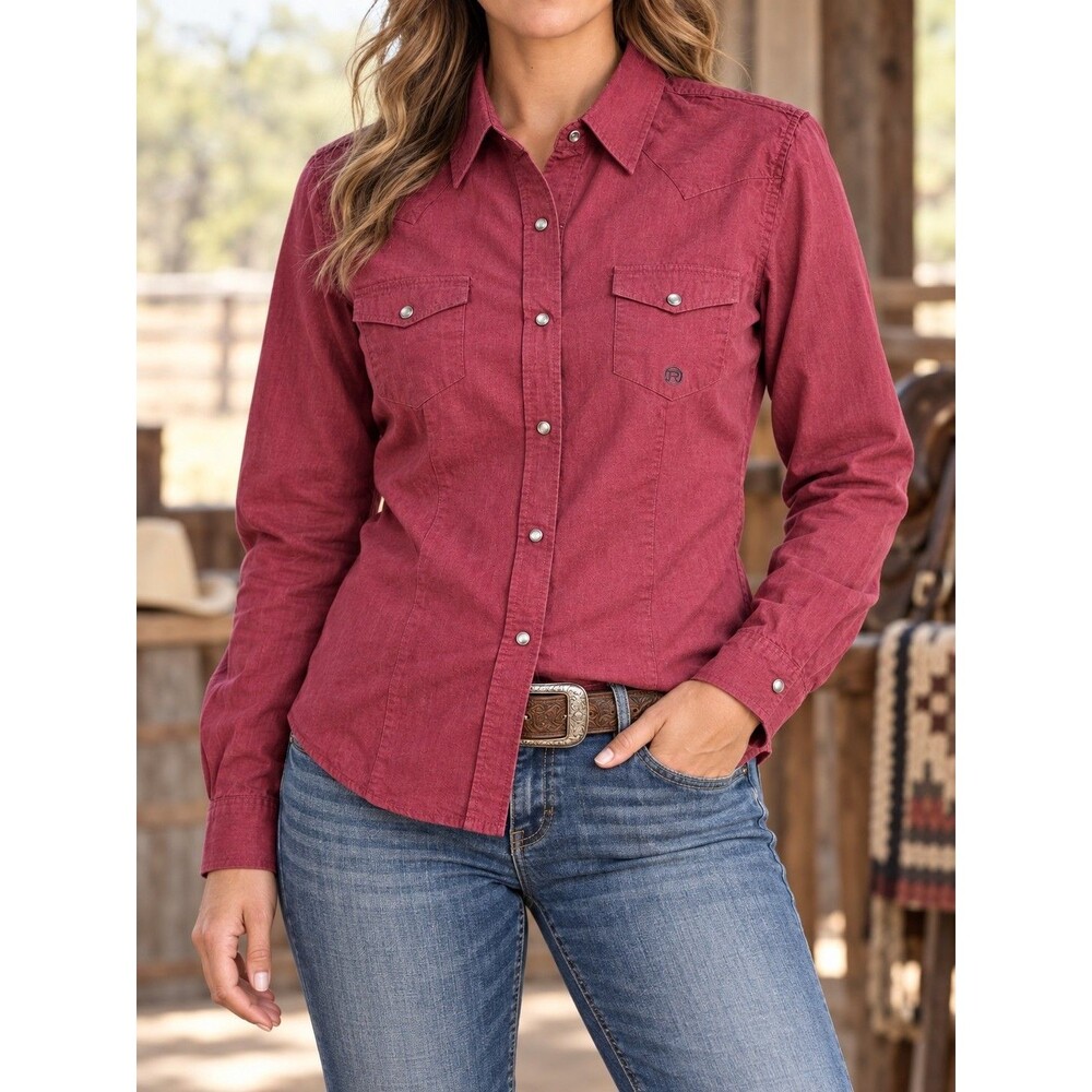 Roper Women’s Size Large Burgundy Western Pearl Snap Long Sleeve Shirt Cowgirl
